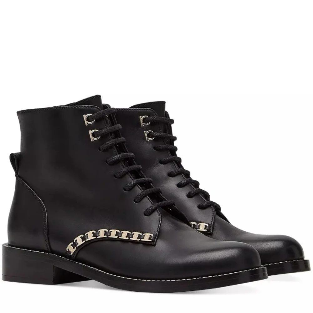 Salvatore Ferragamo Theodore Embellished Combat Boots Black -8 - Picture 1 of 8